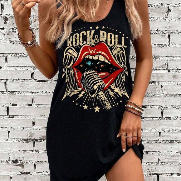 Black Casual Women's Rock Lip Pattern Minimalist Round Neck Plus Size Tank Dress - Picture 1 of 4